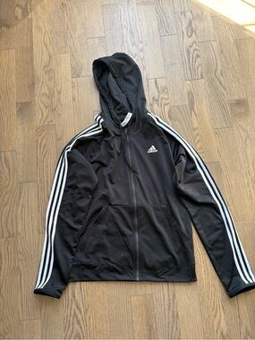 adidas Black Hooded Zip Jacket with White Three Stripes